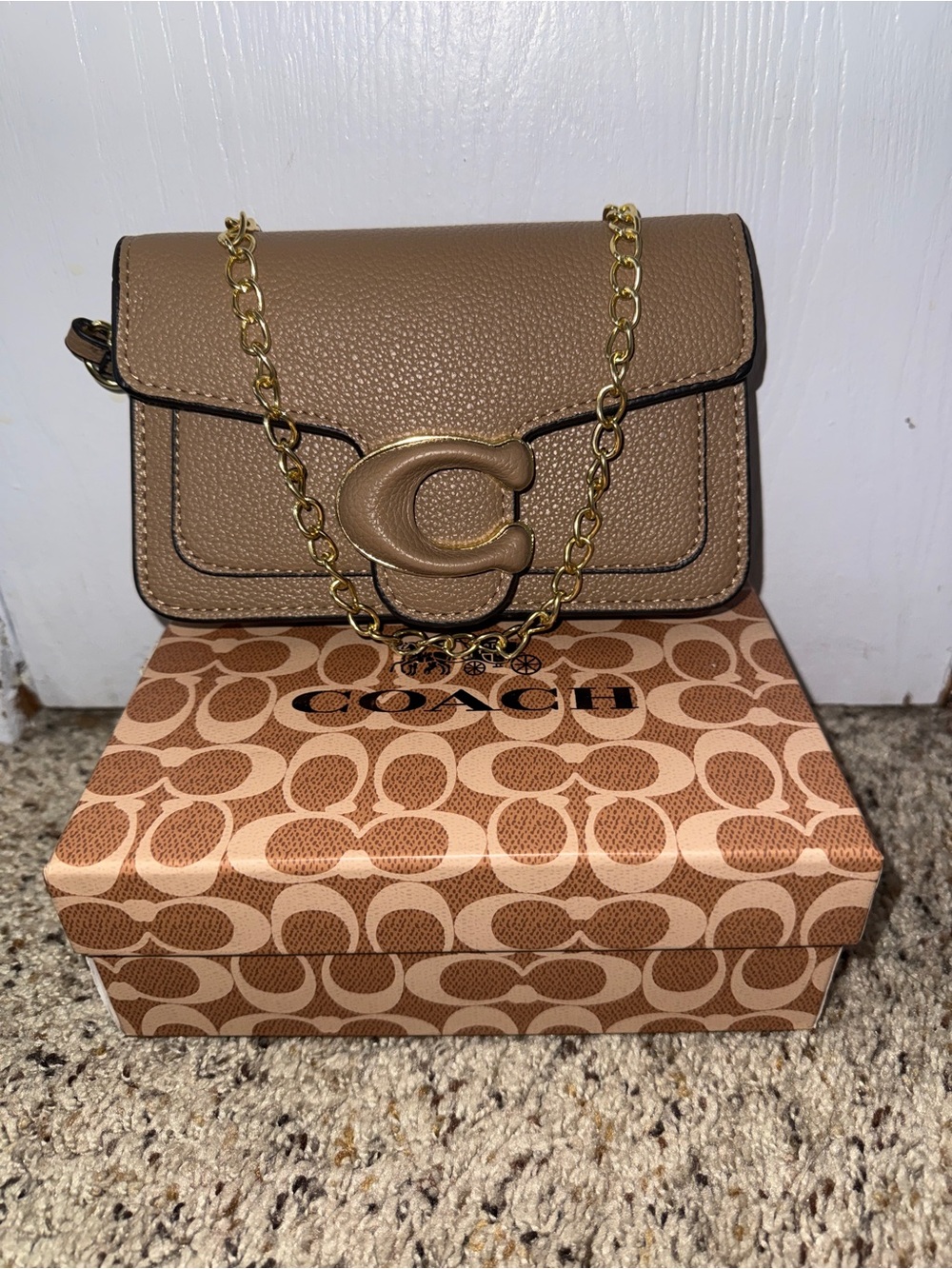 COACH Taupe Pebbled Leather Crossbody with Gold Chain